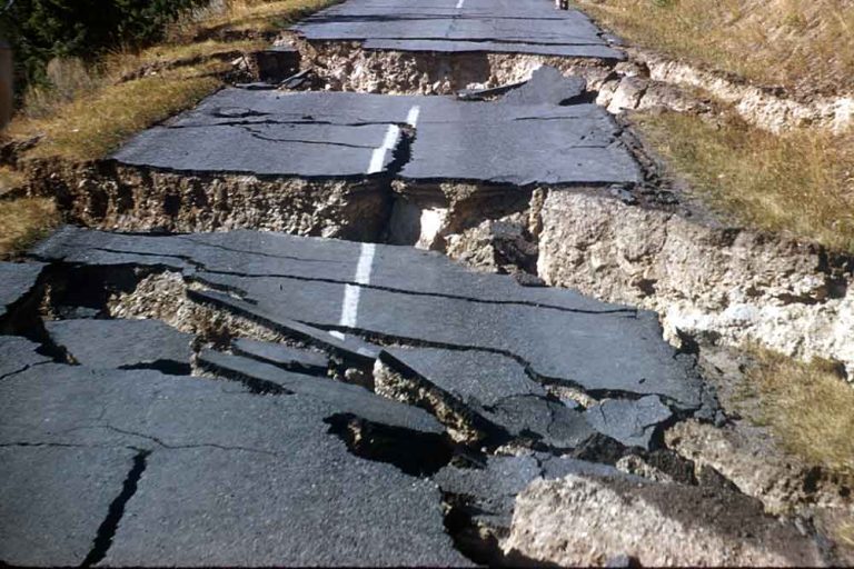 Image of broken roadway from the Hebgen Lake Earthquake