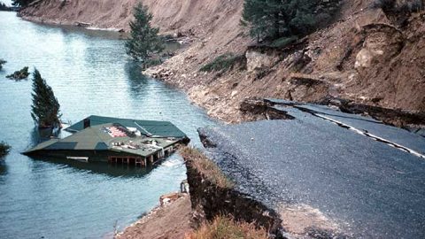 Image of house in lake from the 1959 Hebgen Earthquake.