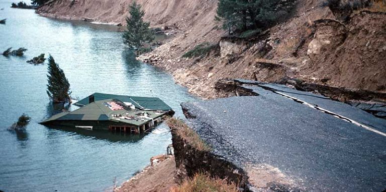 Image of house in lake from the 1959 Hebgen Earthquake.