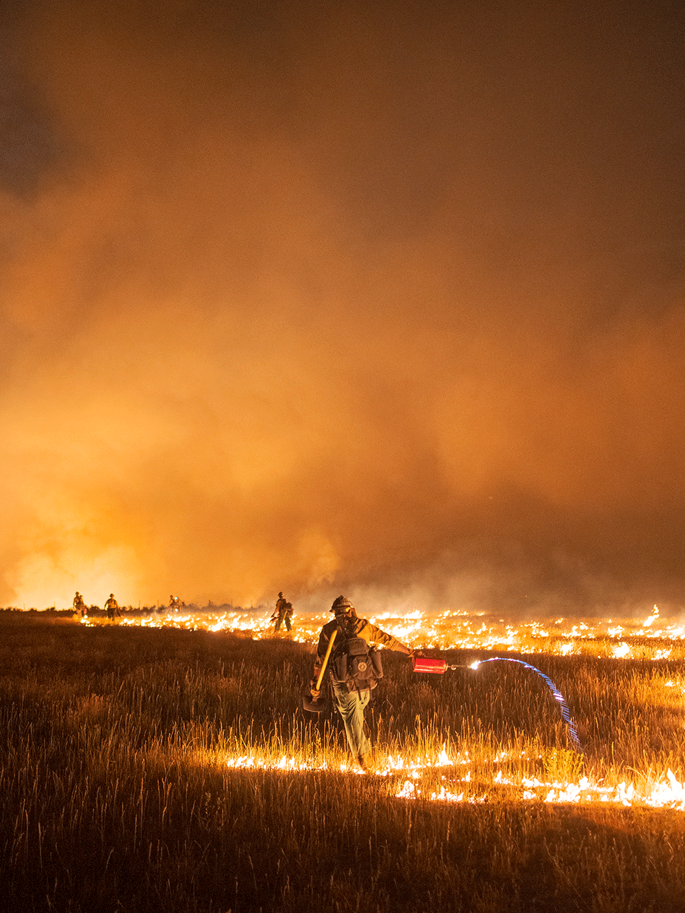 Firefighter fighting a wildfire at night utilizing a drip torch.