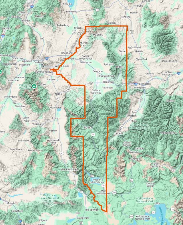 Map of Gallatin County Emergency Management Service Area in Gallatin and Madison Counties.