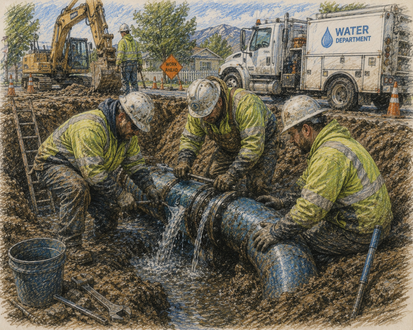 Computer generated image of workers repairing a water line