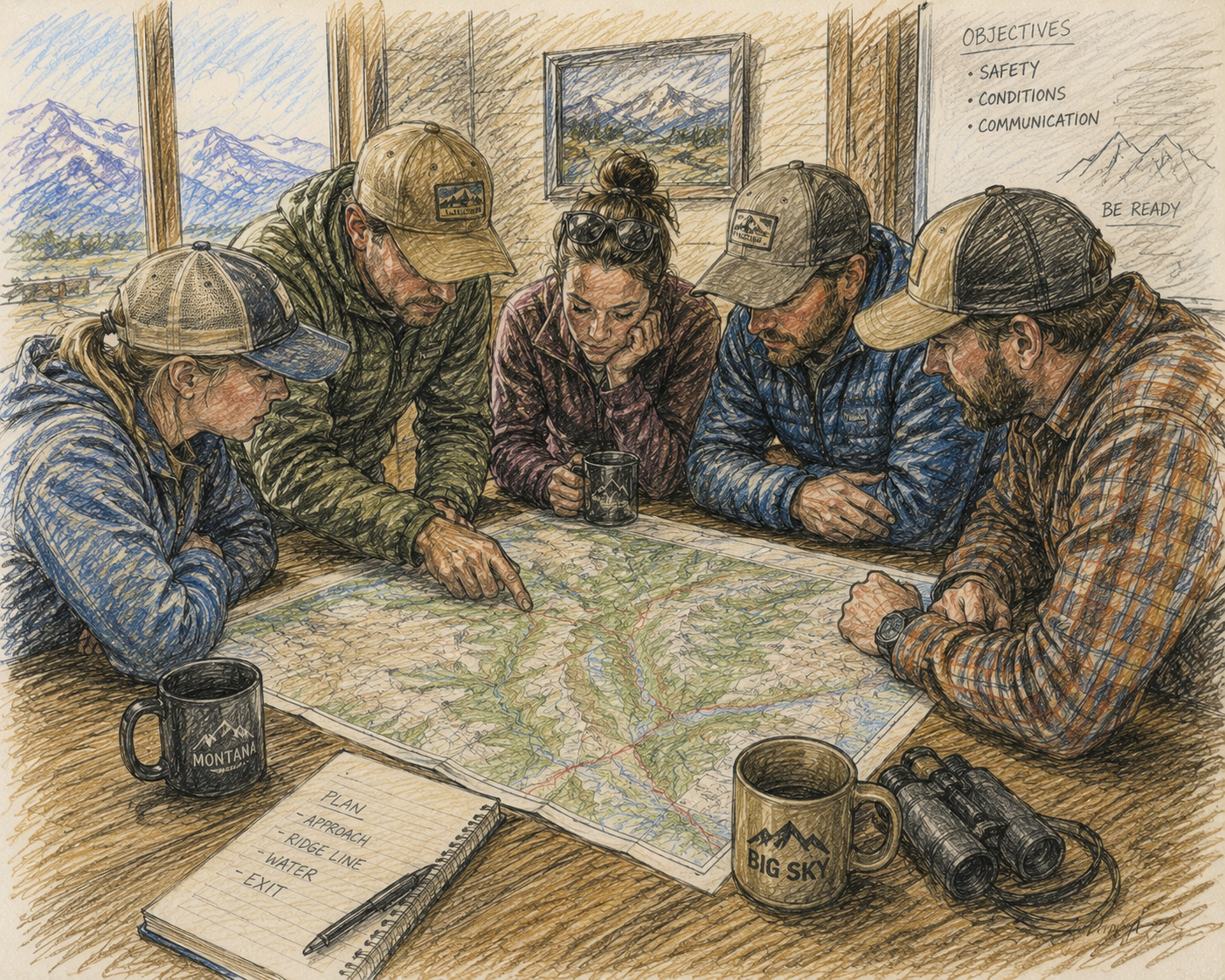 Computer generated image of a group looking at a map
