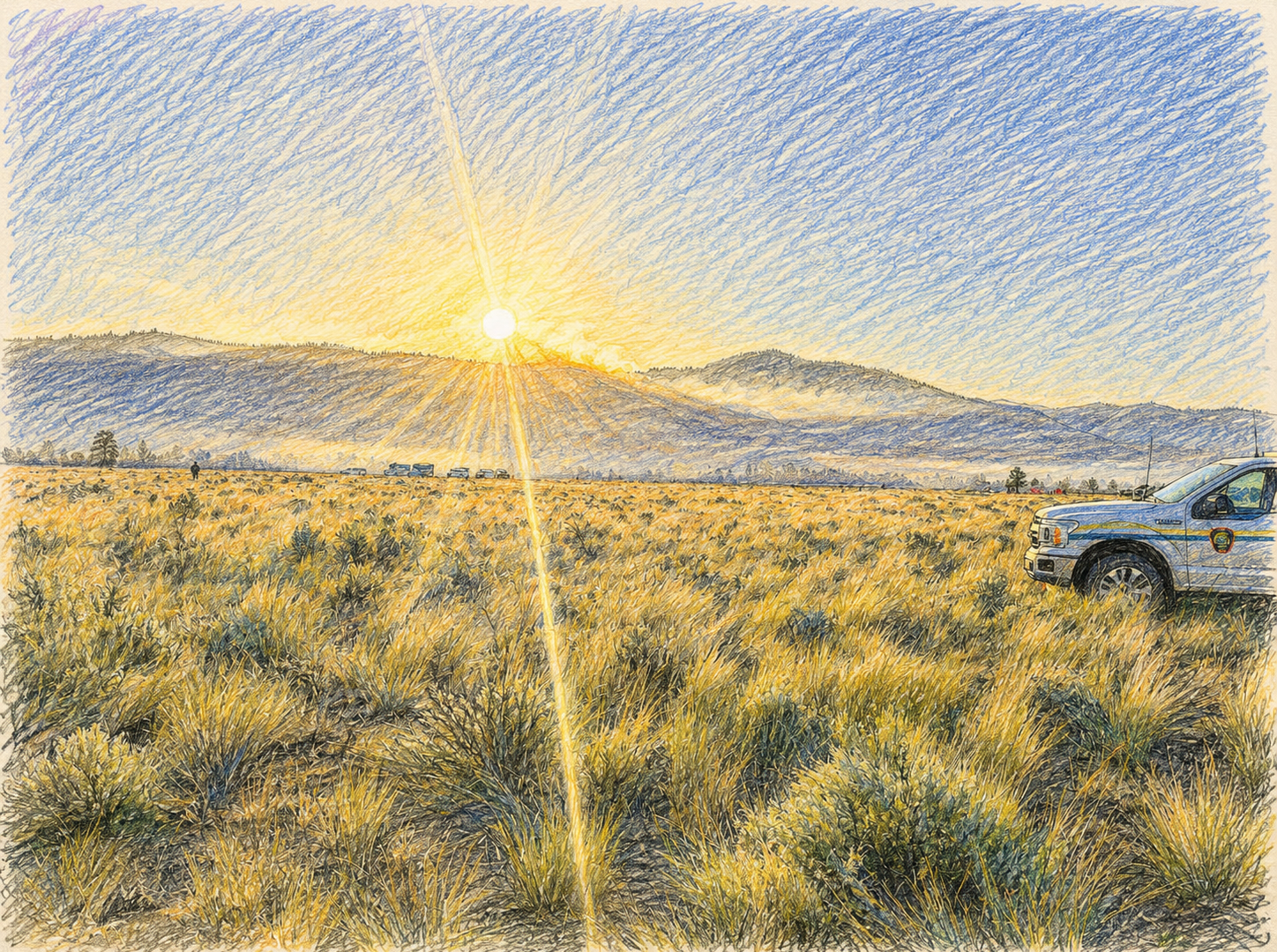 Computer Generated sketch of a sunrise during a wildfire.