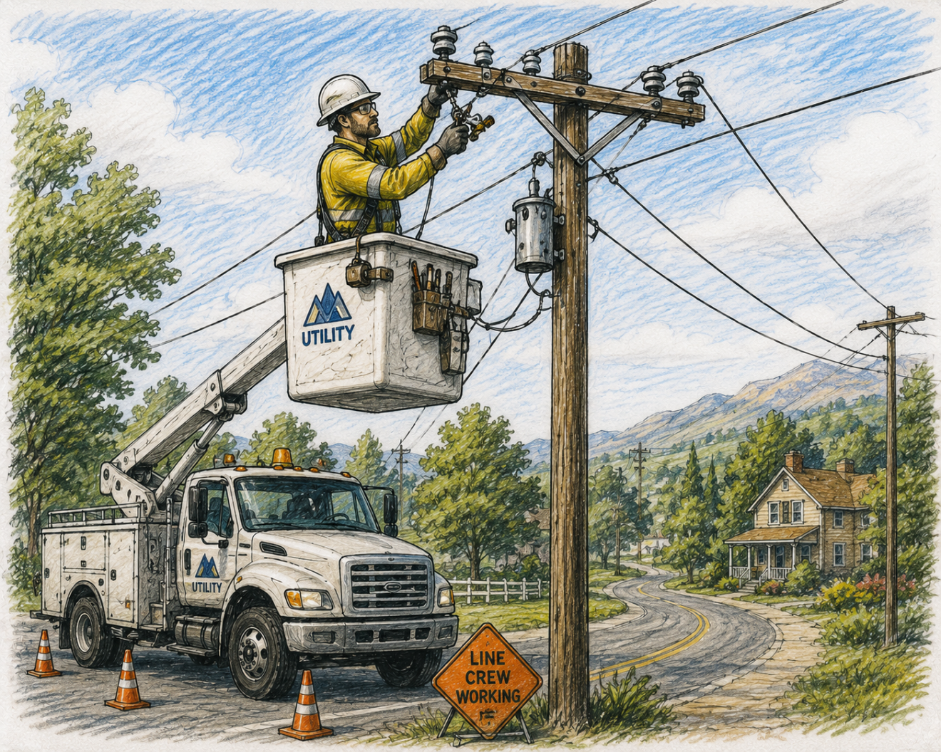 Computer generated sketch of a lineman working.