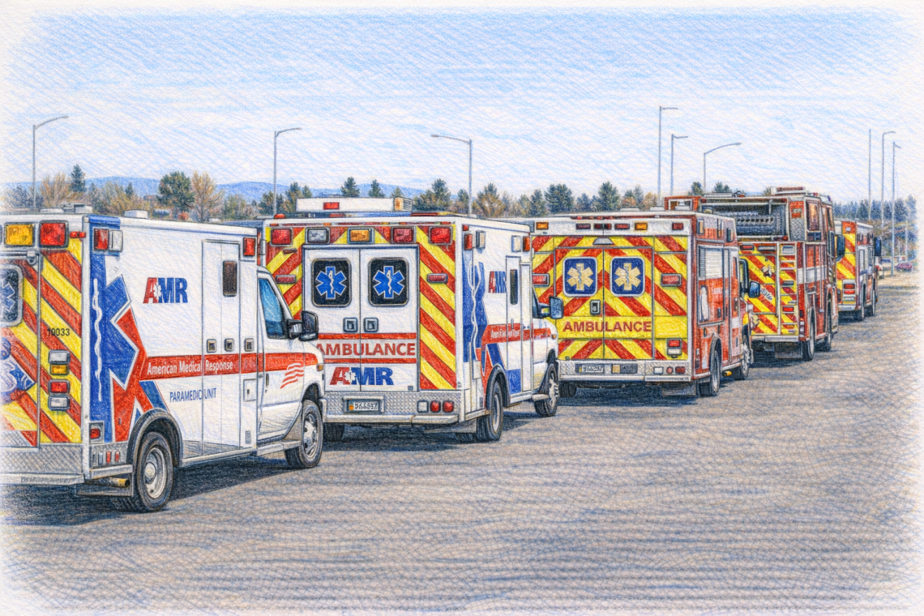 Computer generated sketch of ambulances lined up