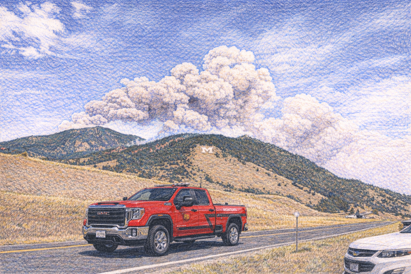 Drawing of Bozeman Battalion 1 in front of Bridger Foothills Fire