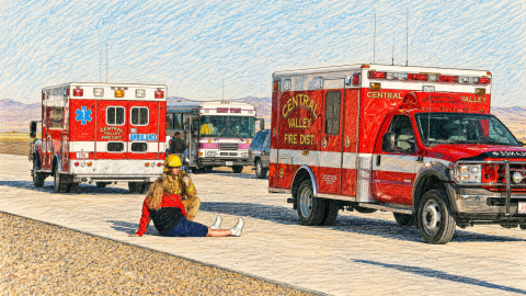 Computer generated sketch of ambulances and a fireman.