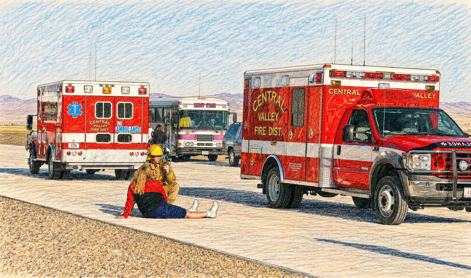 Computer generated sketch of ambulances and a fireman.