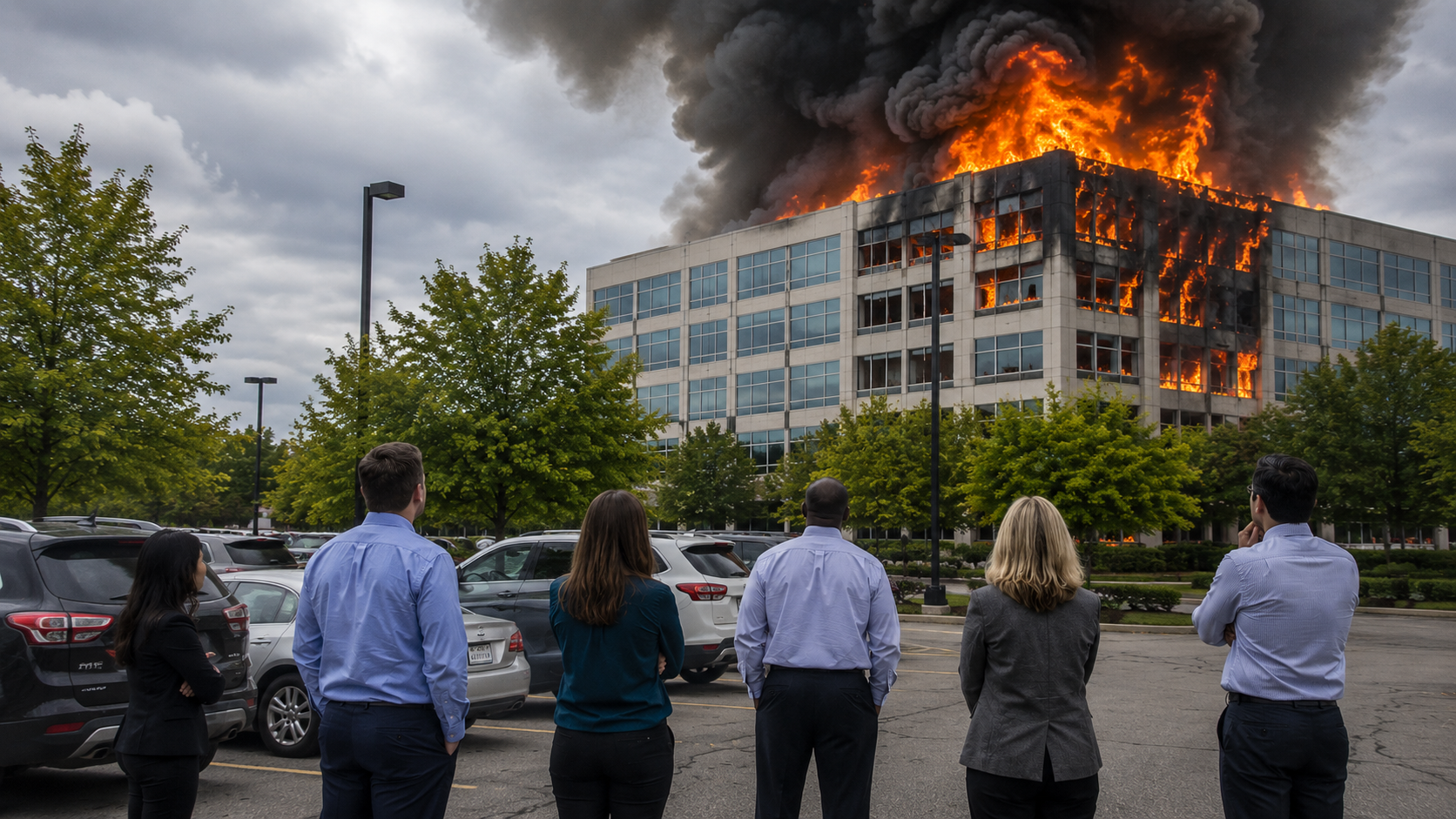 Computer generated image of employees watching their office on fire