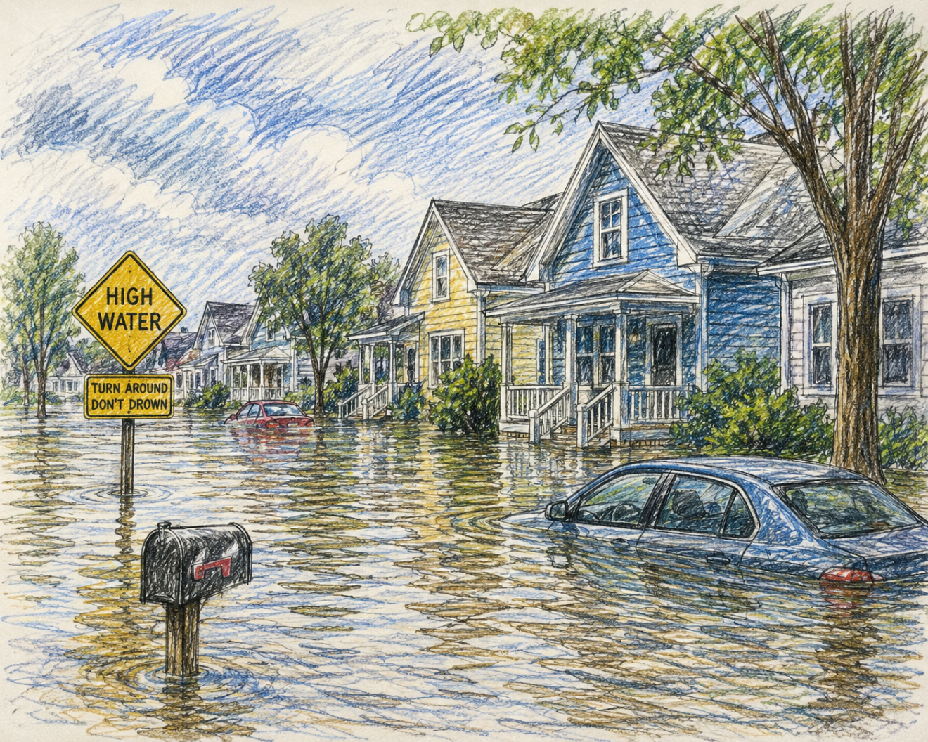 Computer Generated sketch of a flooded residential neighborhood.