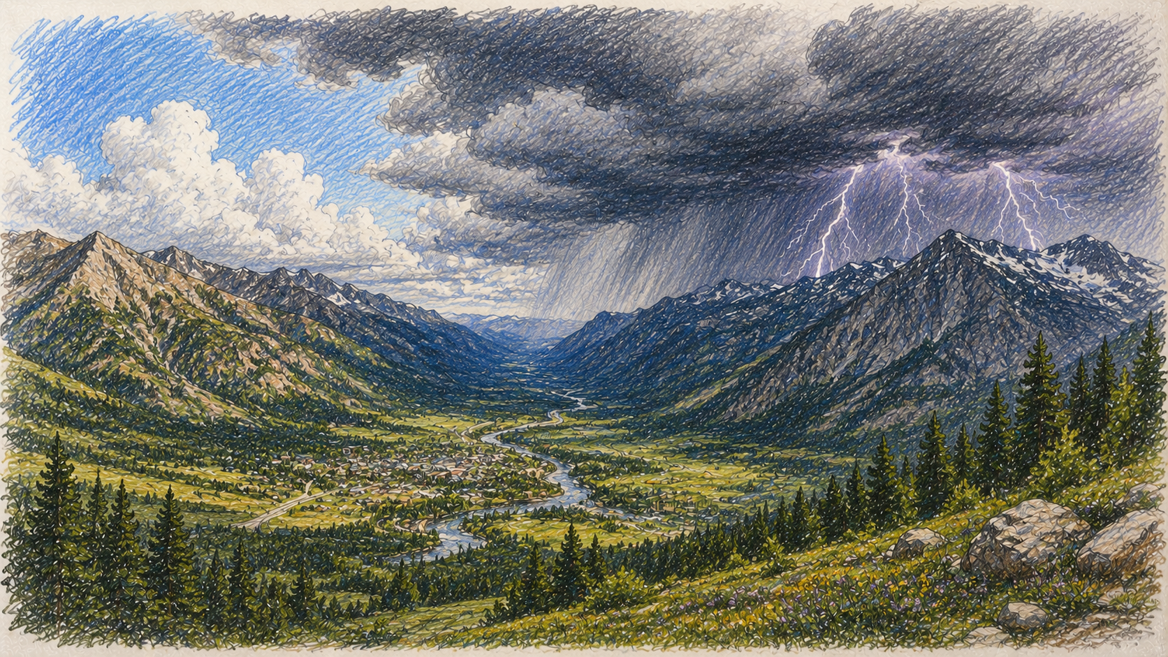 Computer Generated sketch of a summer storm rolling in.