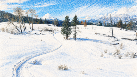 Computer Generated sketch of mountain trail in the winter