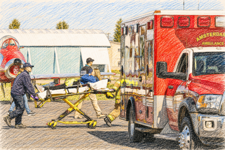 Computer generated sketch of a patient being loaded in a ambulance