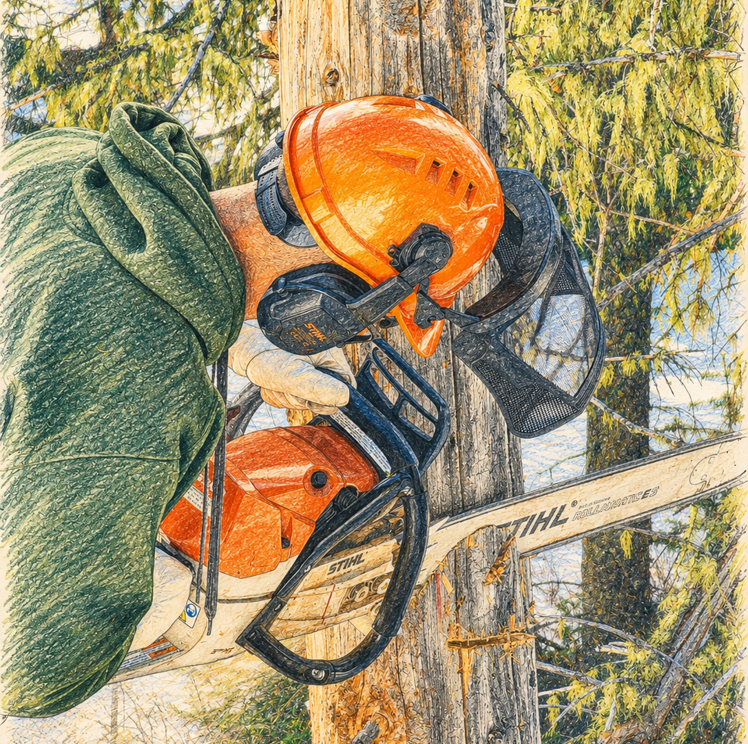 Computer generated sketch of a firefighter cutting a tree