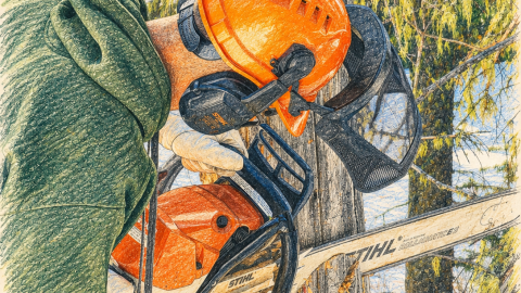Computer generated sketch of a firefighter cutting a tree