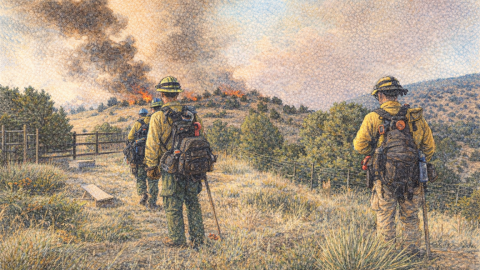 Computer generated drawing of a wildland firefighting crew