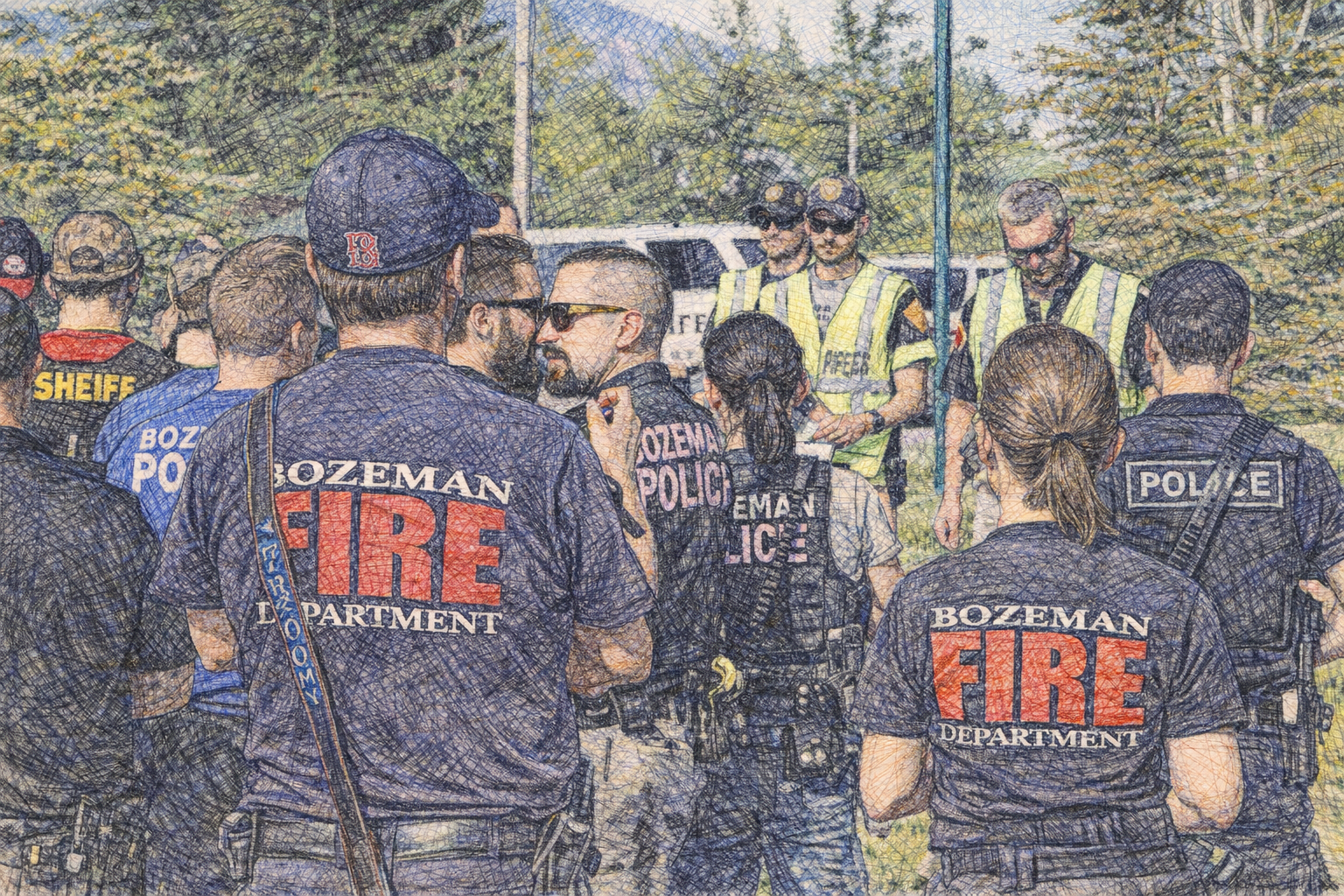 Computer generated image of police and firemen