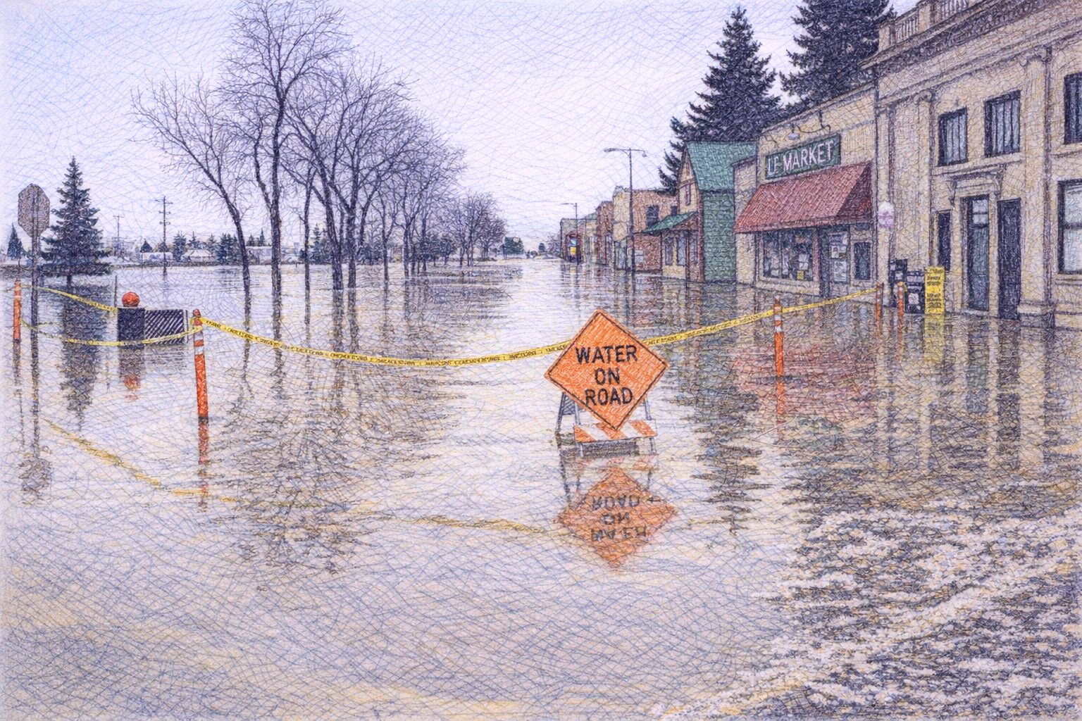 Computer Generated Sketch of a flooded down town.