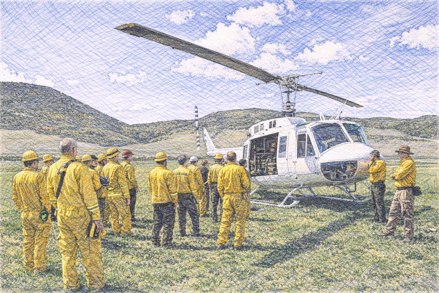 Computer generated sketch of firefighter helicopter training