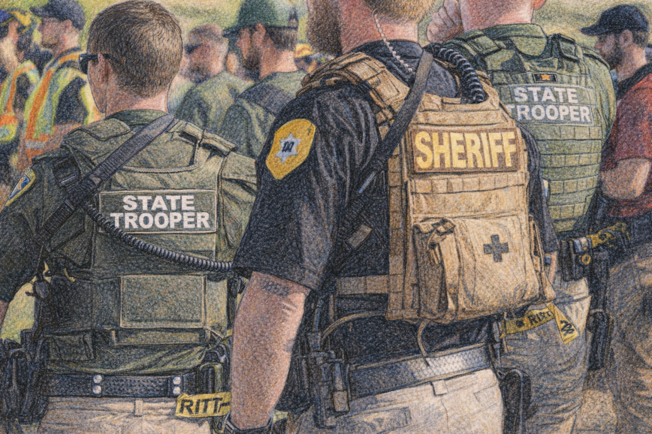 Computer generated sketch of law enforcement standing