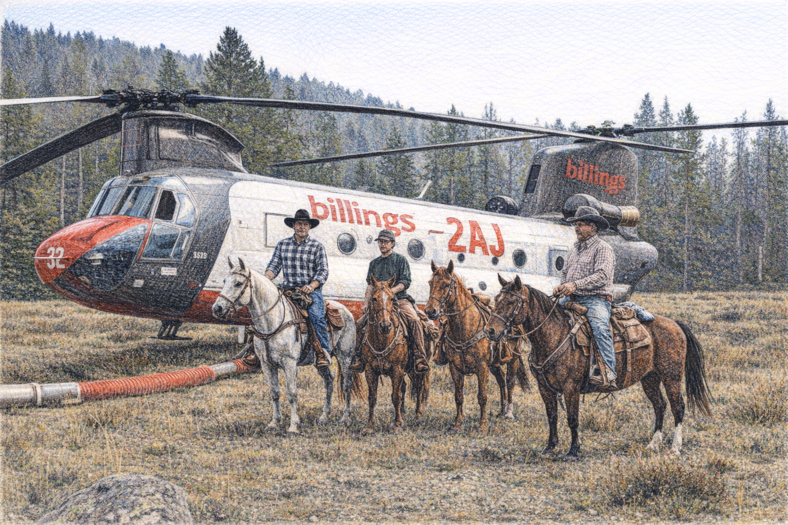 Computer generated sketch of horses by a helicopter