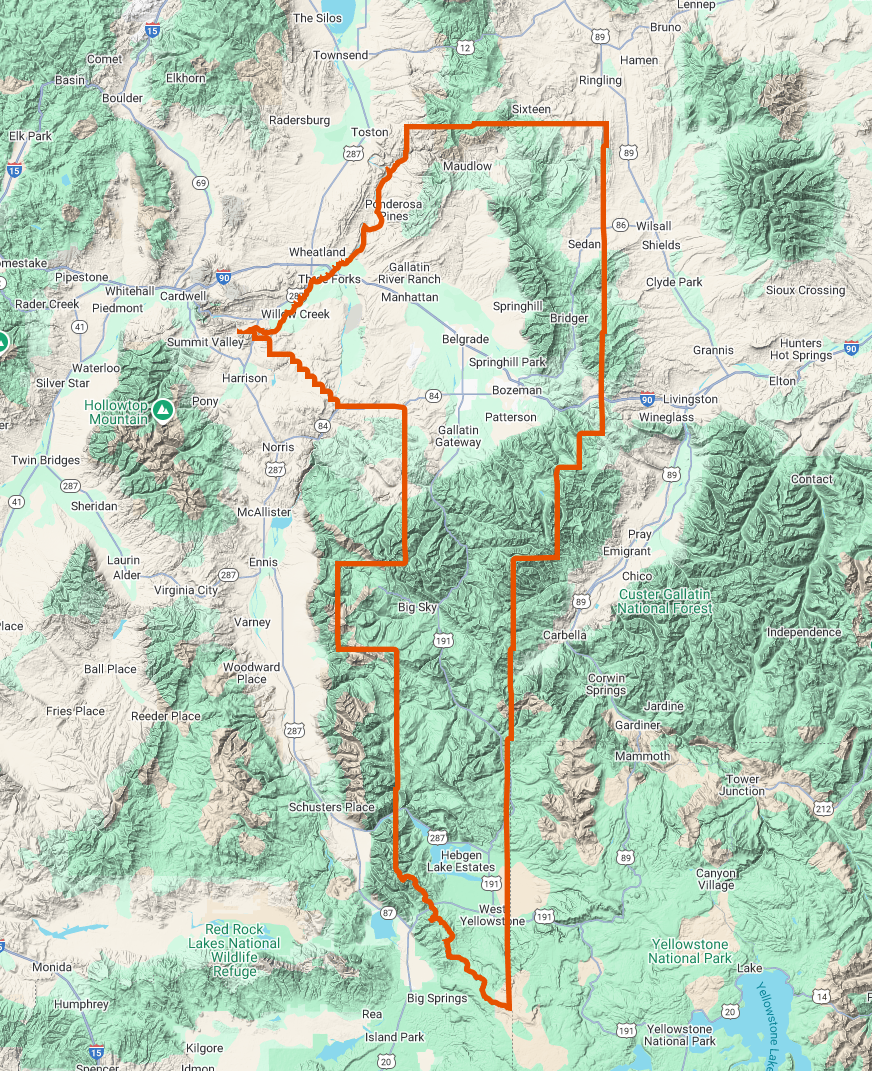 Outline of GCEM Service Area on shaded relief map.