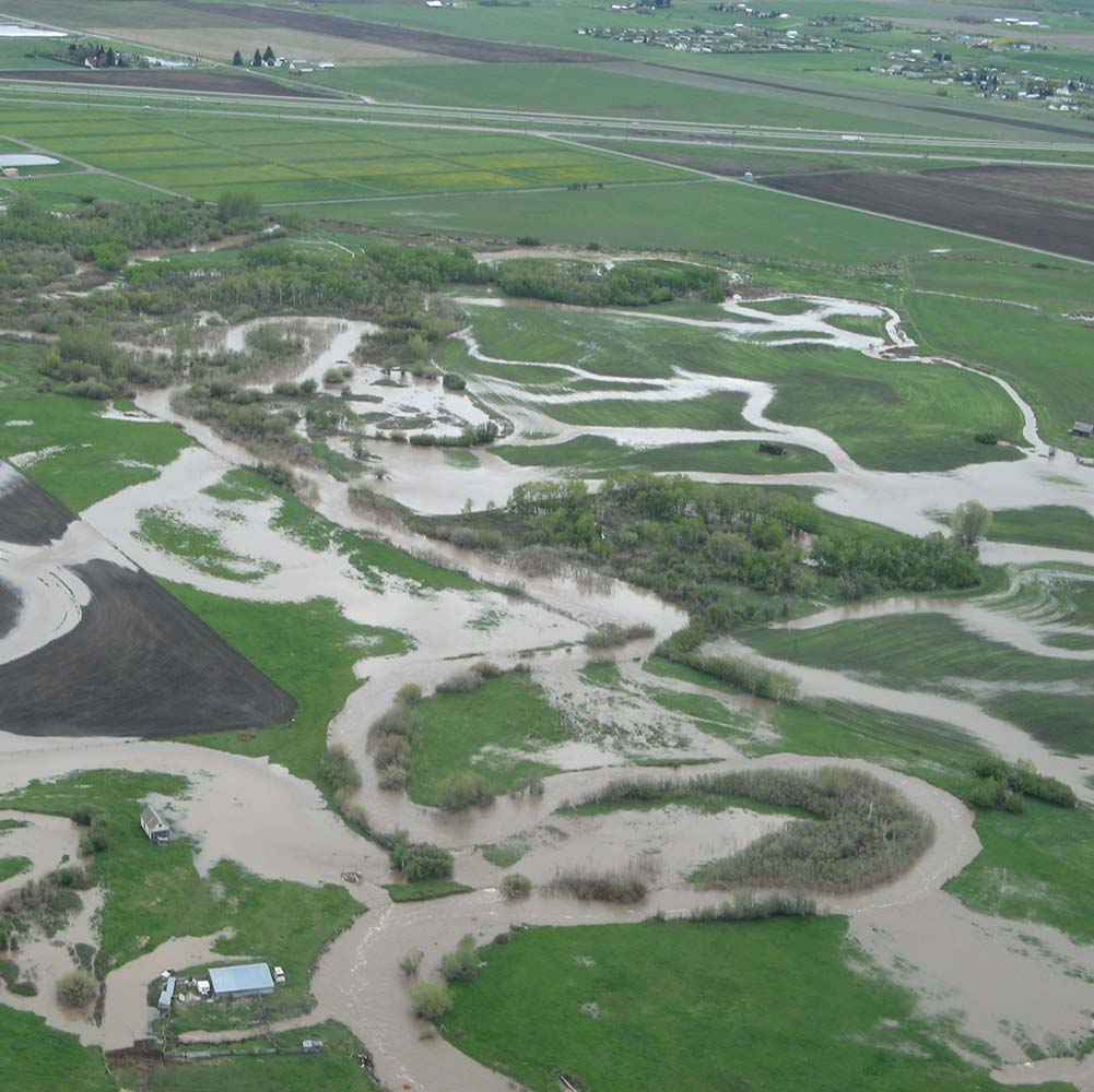 Aerial image of flooding on East Gallatin River
