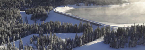 Aerial image of Middle Creek Dam in the winter.