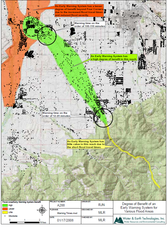 Map from warning system feasibility study showing areas of benefit.