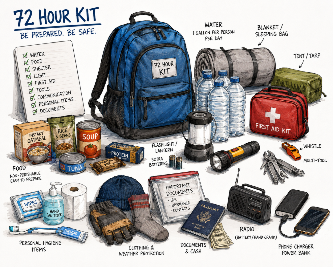 Computer generated sketch of a 72 hour kit and suppplies