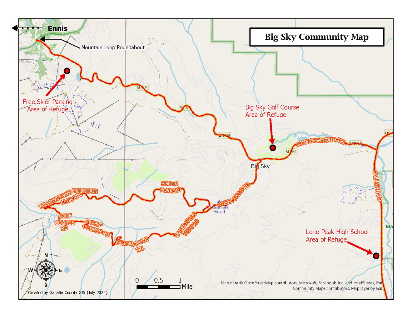 Image of Big Sky emergency transportation routes and areas of refuge.