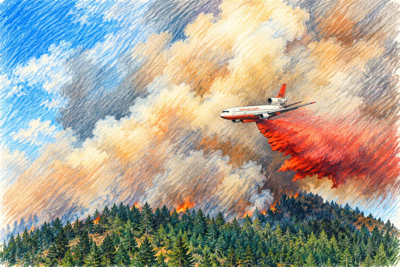 Computer generated sketch of a DC 10 dropping on Bridger Foothills Fire. Courtesy USFS via NIFC