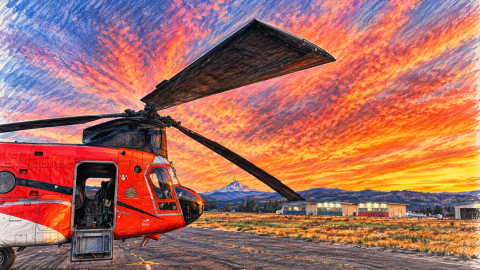Computer generated sketch of a CH47 helicopter at sunset