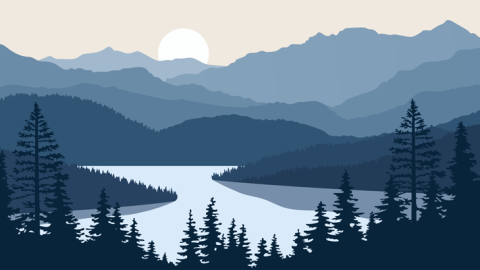 Silhouette of a mountain range with lake
